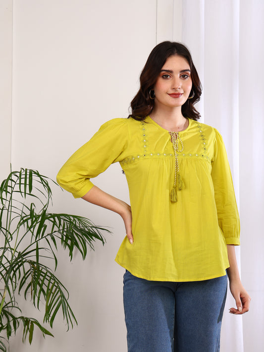 Yash Gallery Women's Cotton Embroidered 3/4 Sleeve Keyhole Neck Casual Straight Tops