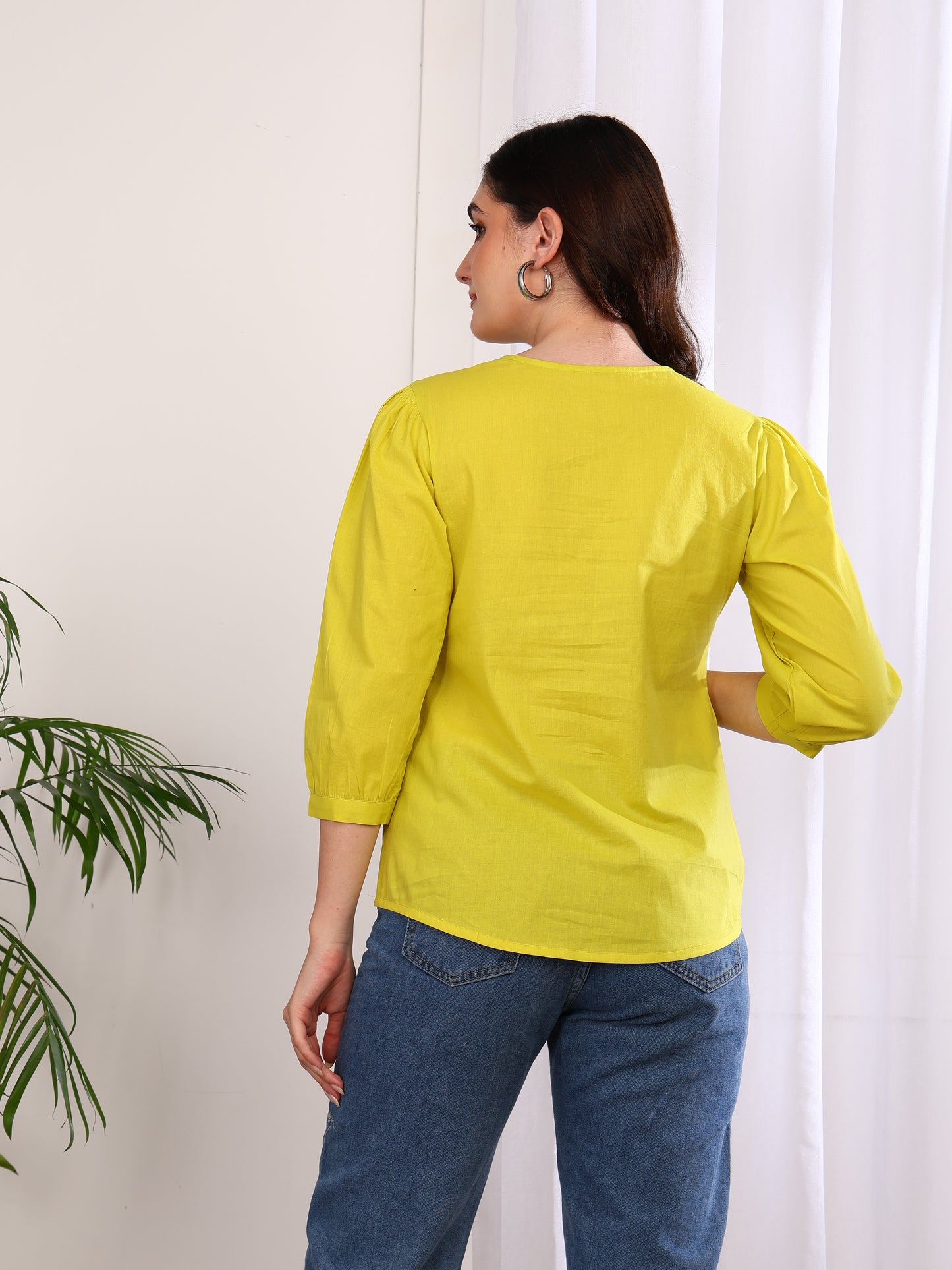Yash Gallery Women's Cotton Embroidered 3/4 Sleeve Keyhole Neck Casual Straight Tops