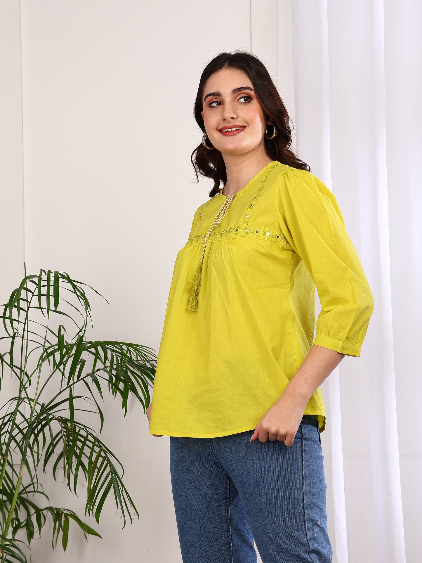 Yash Gallery Women's Cotton Embroidered 3/4 Sleeve Keyhole Neck Casual Straight Tops