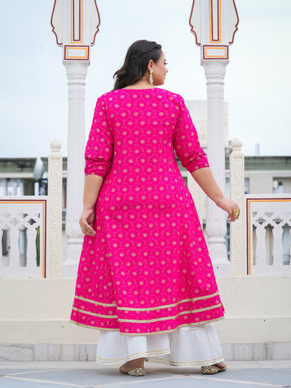 Yash Gallery Gold printed Pink Anarakali Kurta