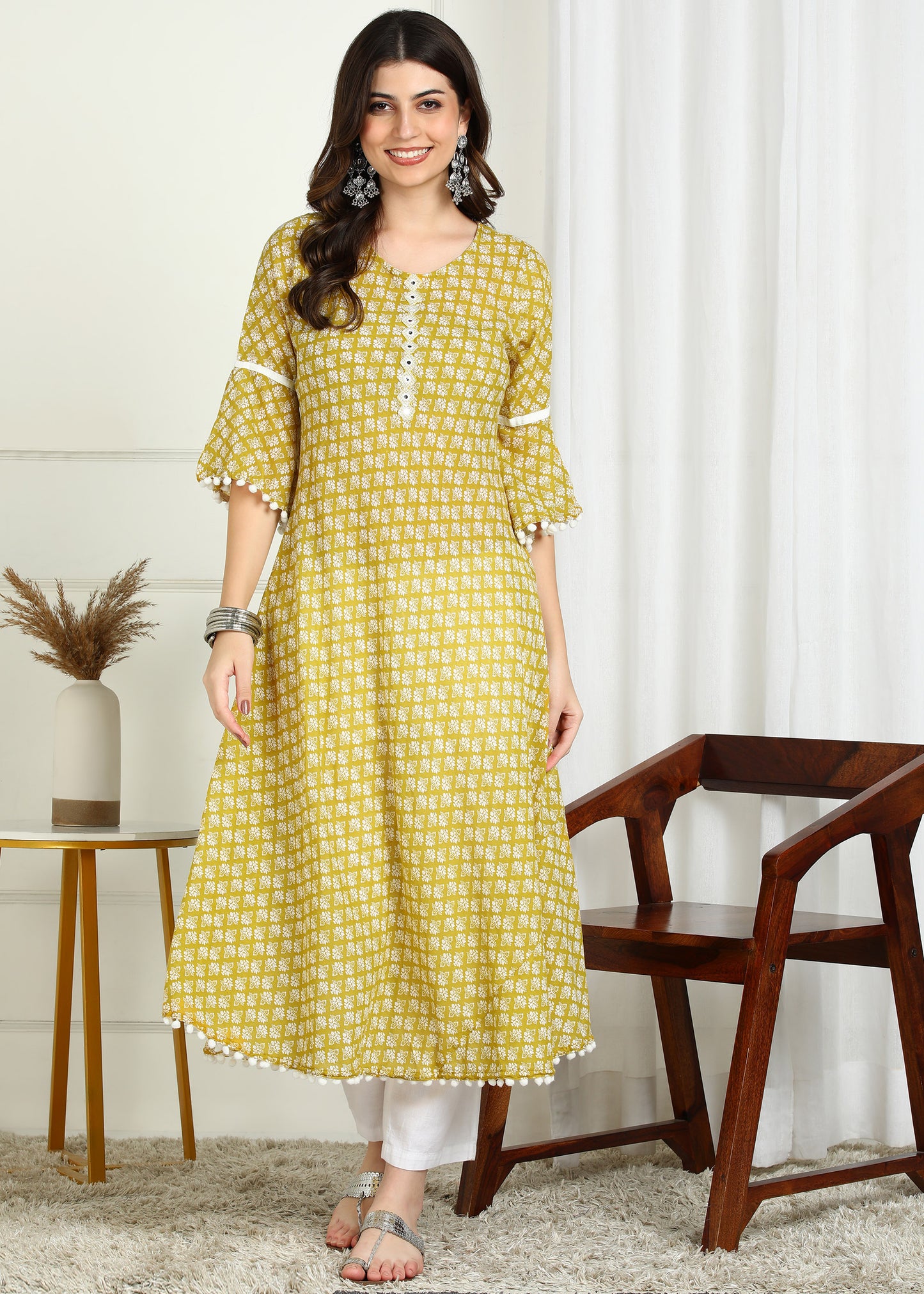 Yash Gallery Women's Cambric Cotton Printed Mirror Work A-Line Kurta (Yellow)