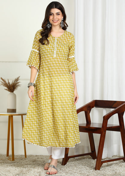Yash Gallery Women's Cambric Cotton Printed Mirror Work A-Line Kurta (Yellow)