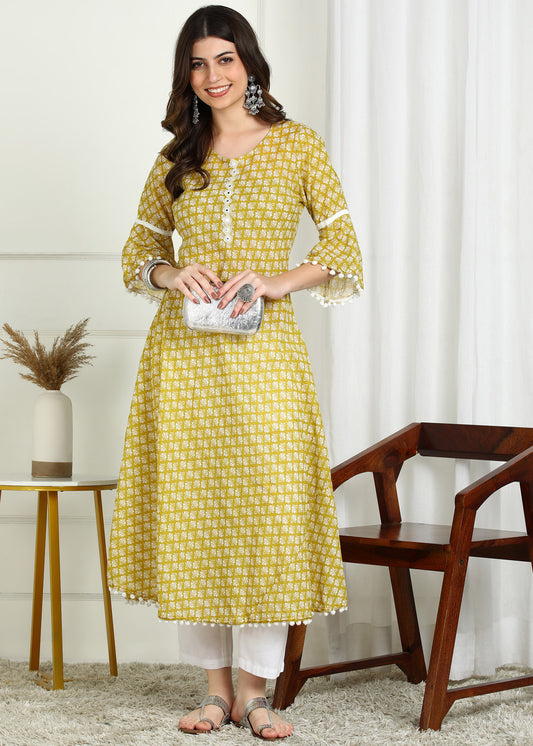 Yash Gallery Women's Cambric Cotton Printed Mirror Work A-Line Kurta (Yellow)