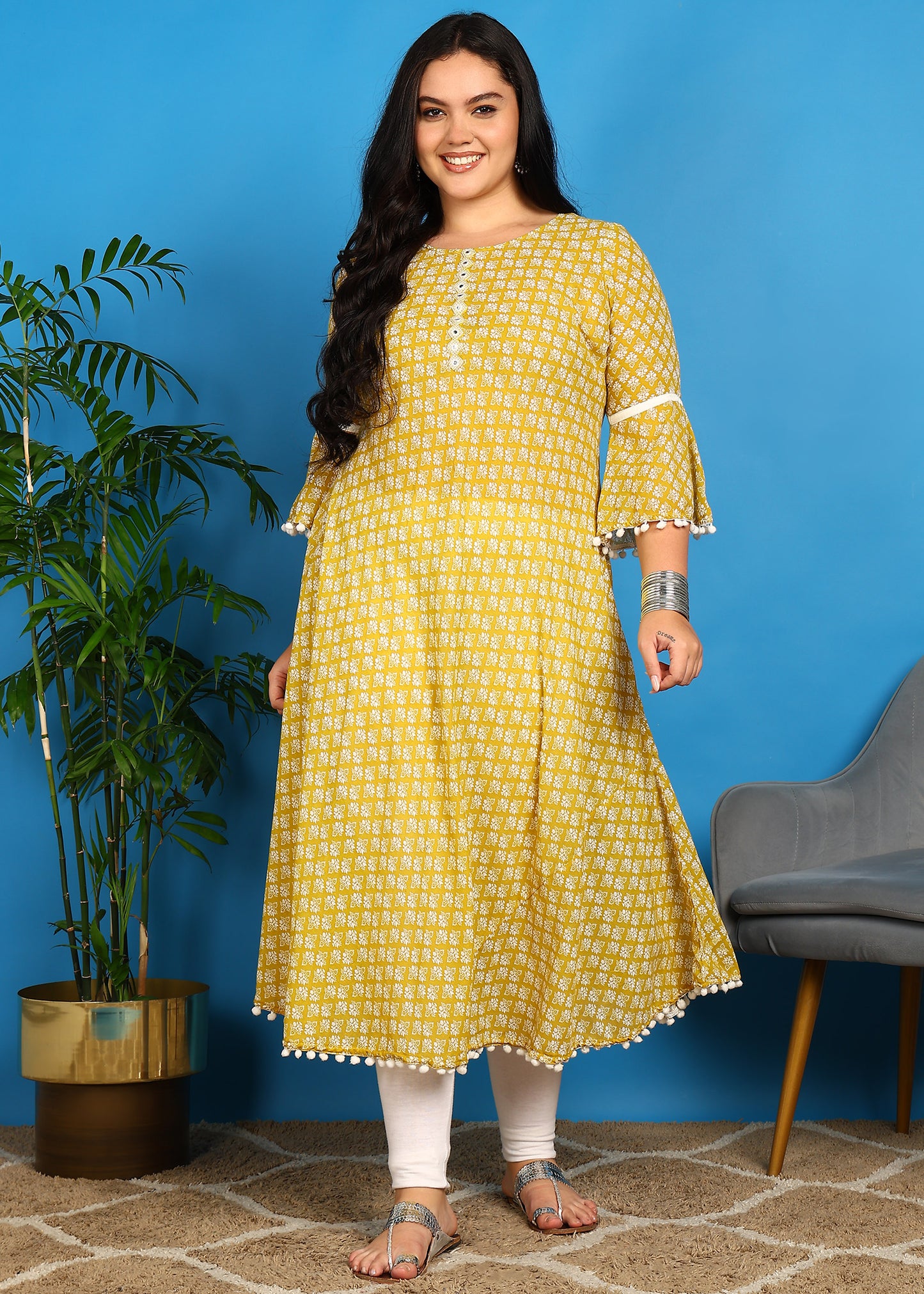 Yash Gallery Women's Cambric Cotton Printed Mirror Work A-Line Kurta (Yellow)