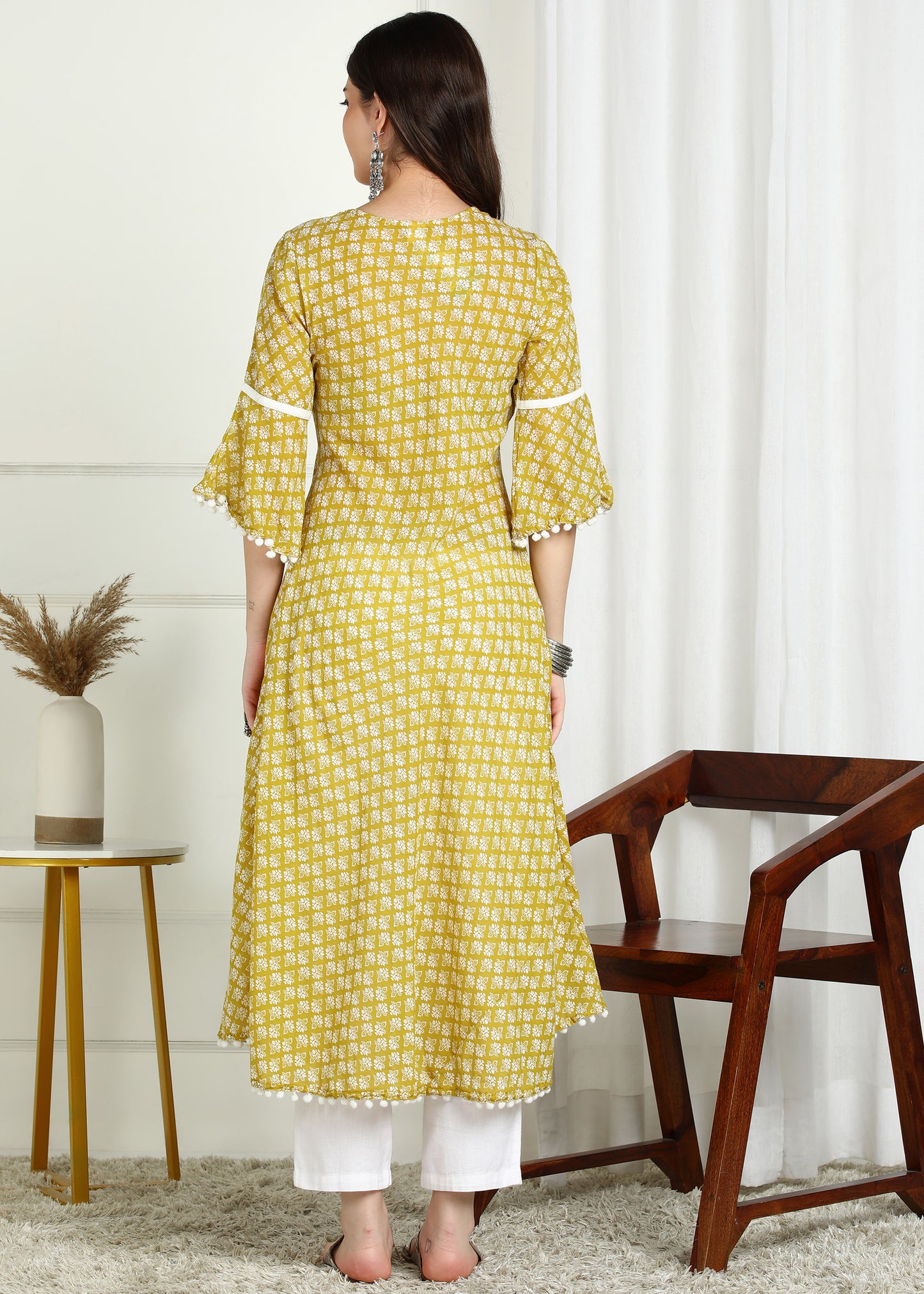 Yash Gallery Women's Cambric Cotton Printed Mirror Work A-Line Kurta (Yellow)