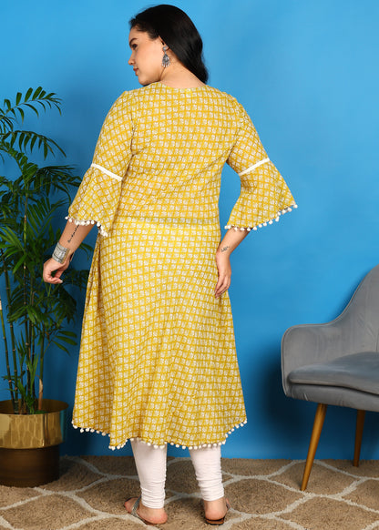 Yash Gallery Women's Cambric Cotton Printed Mirror Work A-Line Kurta (Yellow)