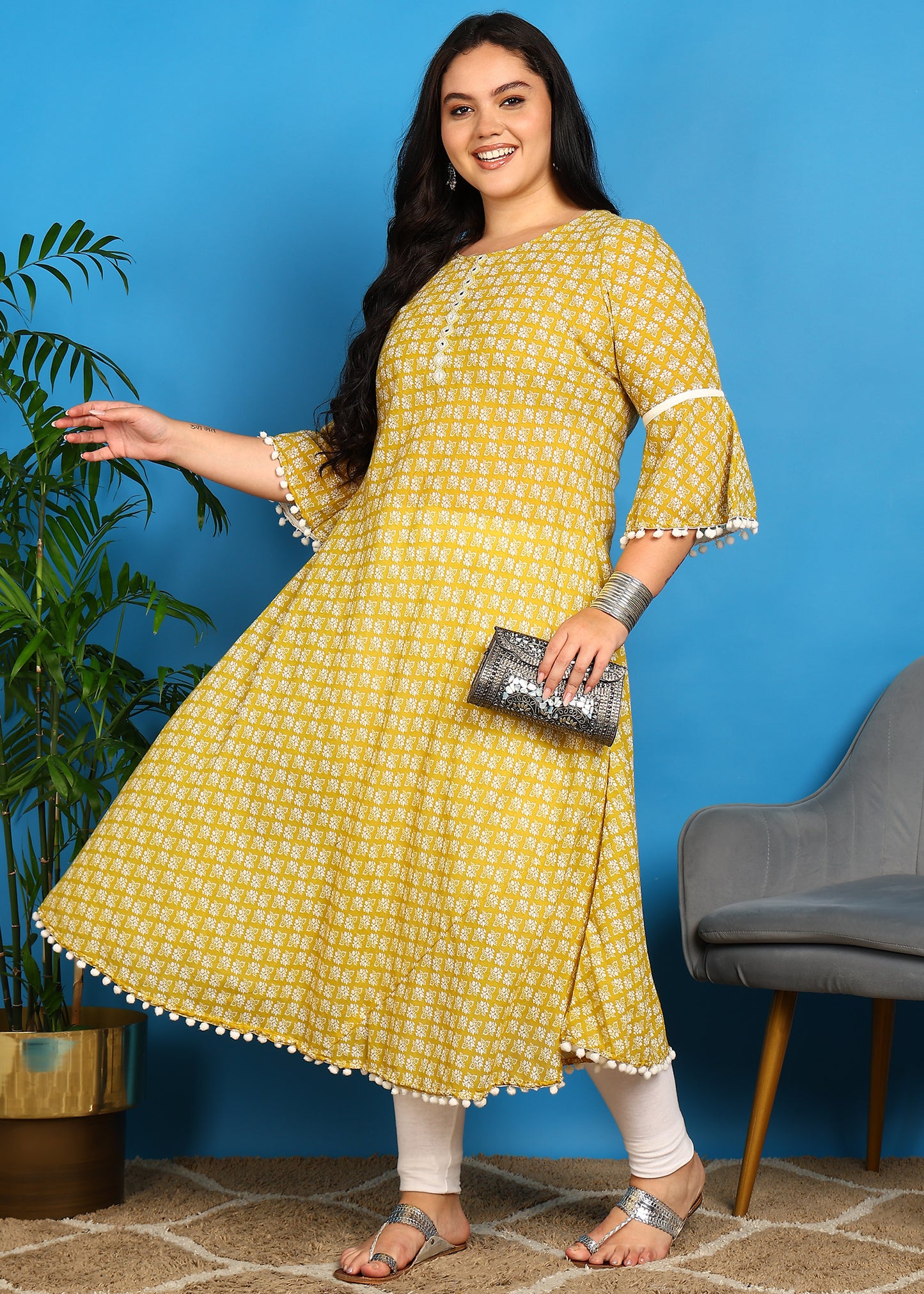 Yash Gallery Women's Cambric Cotton Printed Mirror Work A-Line Kurta (Yellow)