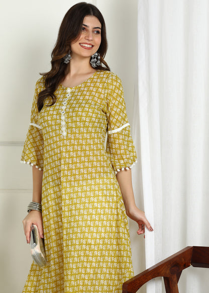 Yash Gallery Women's Cambric Cotton Printed Mirror Work A-Line Kurta (Yellow)