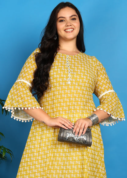 Yash Gallery Women's Cambric Cotton Printed Mirror Work A-Line Kurta (Yellow)