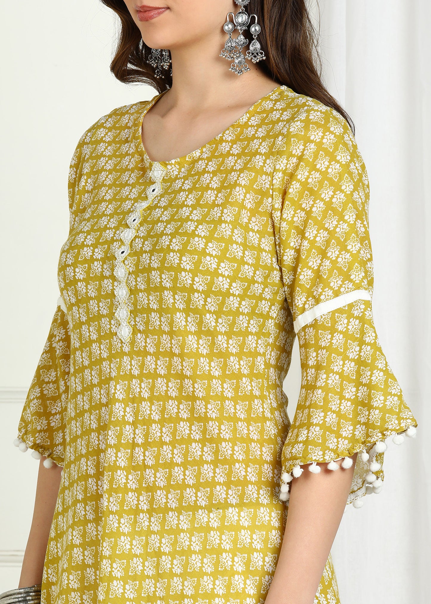 Yash Gallery Women's Cambric Cotton Printed Mirror Work A-Line Kurta (Yellow)