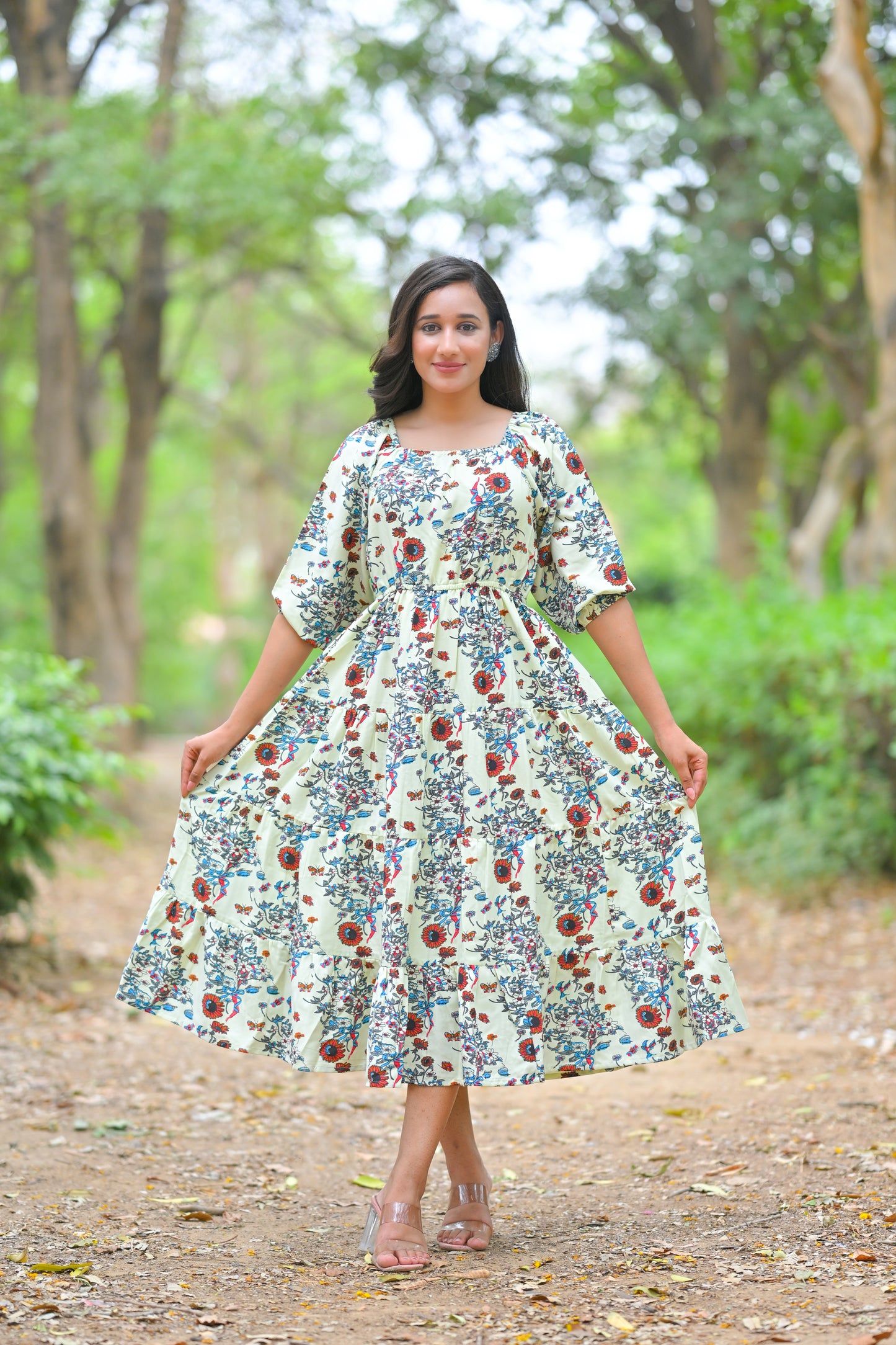 Yash Gallery Women's Rayon Floral Printed Square Neck 3/4th Sleeve Tiered Style Casual Maxi Dress