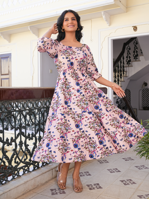 yash gallery womens rayon floral printed square neck 3 4th sleeve tiered style casual maxi dress