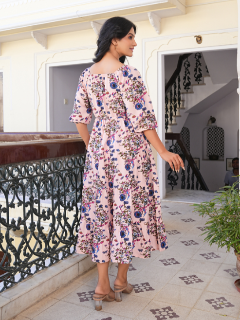 yash gallery womens rayon floral printed square neck 3 4th sleeve tiered style casual maxi dress