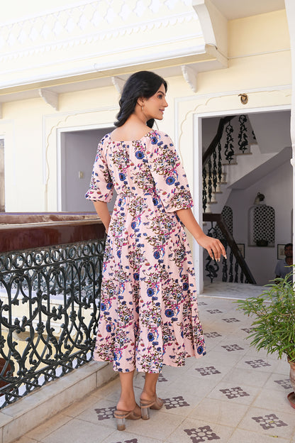 Yash Gallery Women's Rayon Floral Printed Square Neck 3/4th Sleeve Tiered Style Casual Maxi Dress