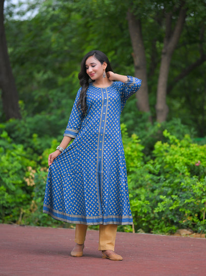YASH GALLERY Women's Rayon Golden Floral Printed A-line Kurta
