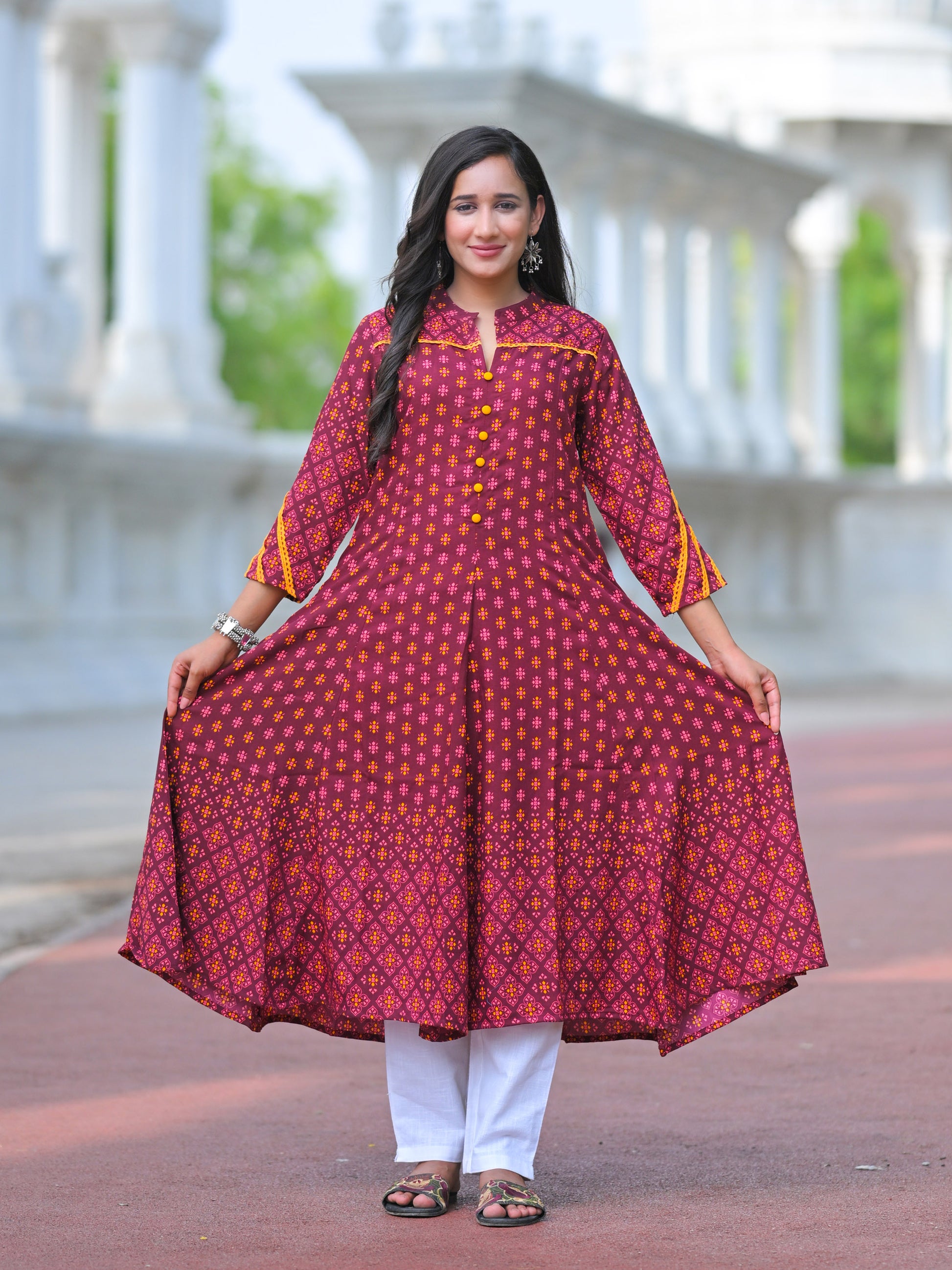 YASH GALLERY Women's Rayon Mandarin Collar Calf Length Floral Printed 3/4th Sleeve Anarkali Kurta