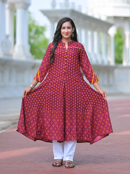YASH GALLERY Women's Rayon Mandarin Collar Calf Length Floral Printed 3/4th Sleeve Anarkali Kurta