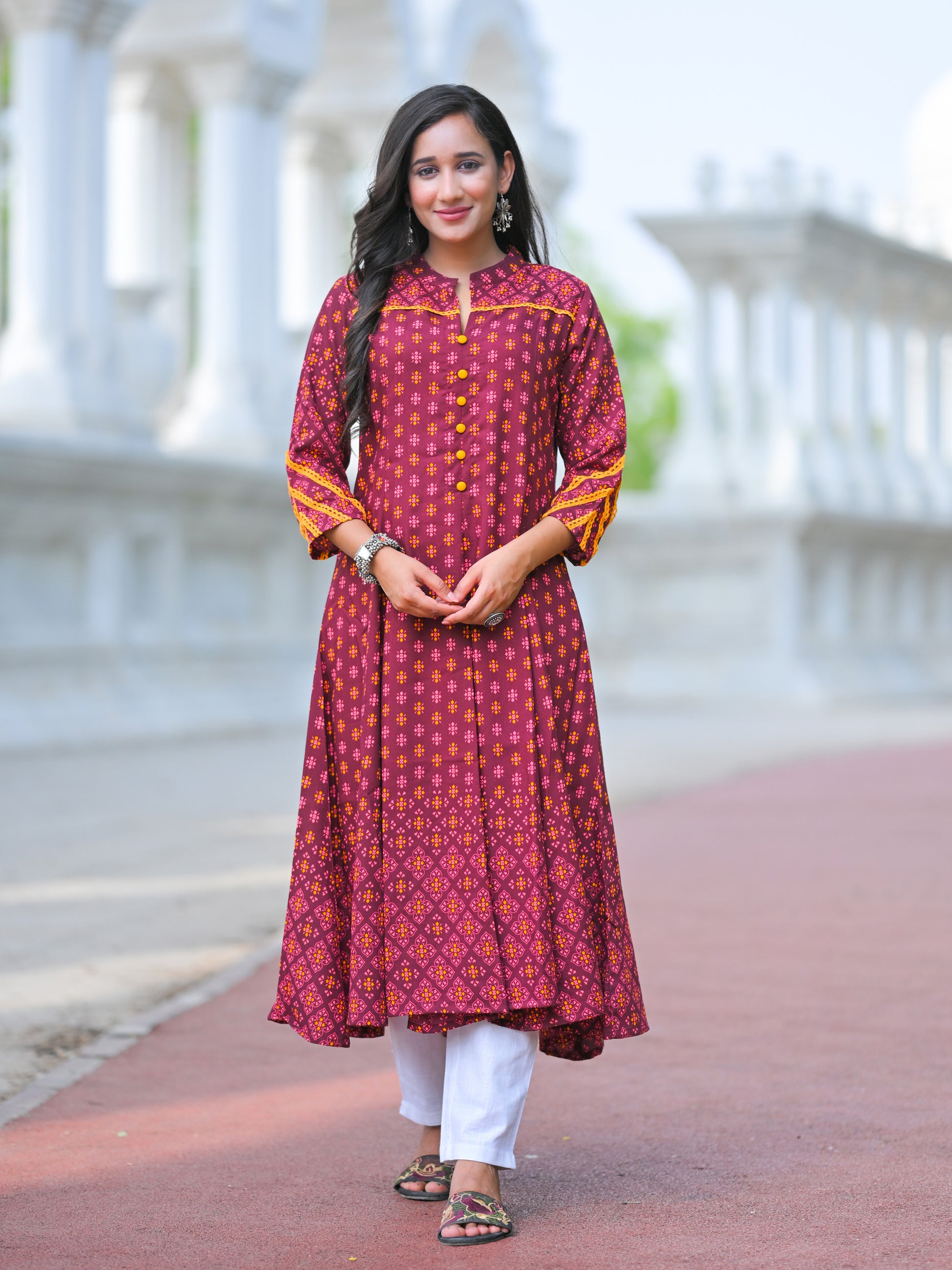 YASH GALLERY Women's Rayon Mandarin Collar Calf Length Floral Printed 3/4th Sleeve Anarkali Kurta