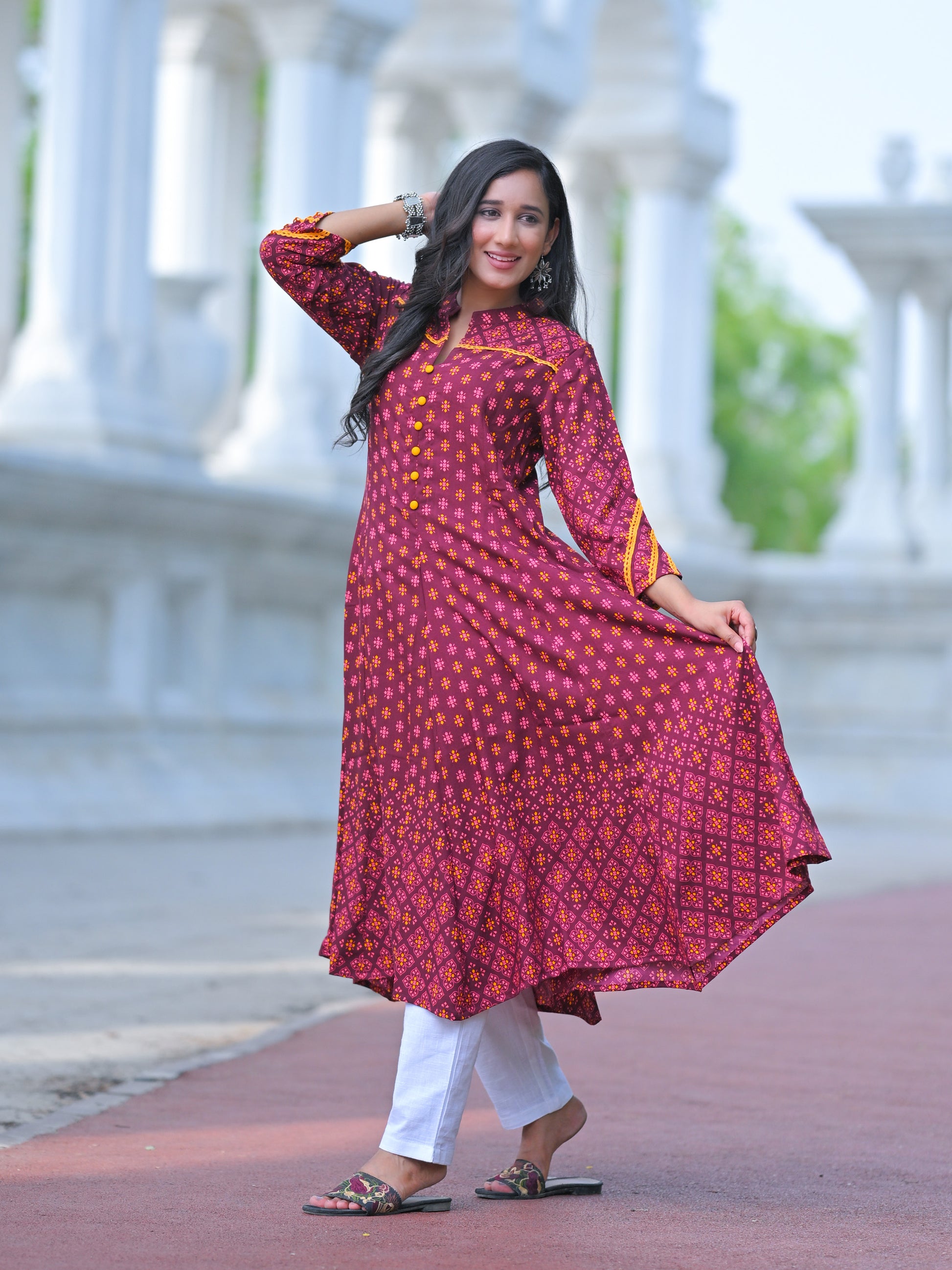 YASH GALLERY Women's Rayon Mandarin Collar Calf Length Floral Printed 3/4th Sleeve Anarkali Kurta