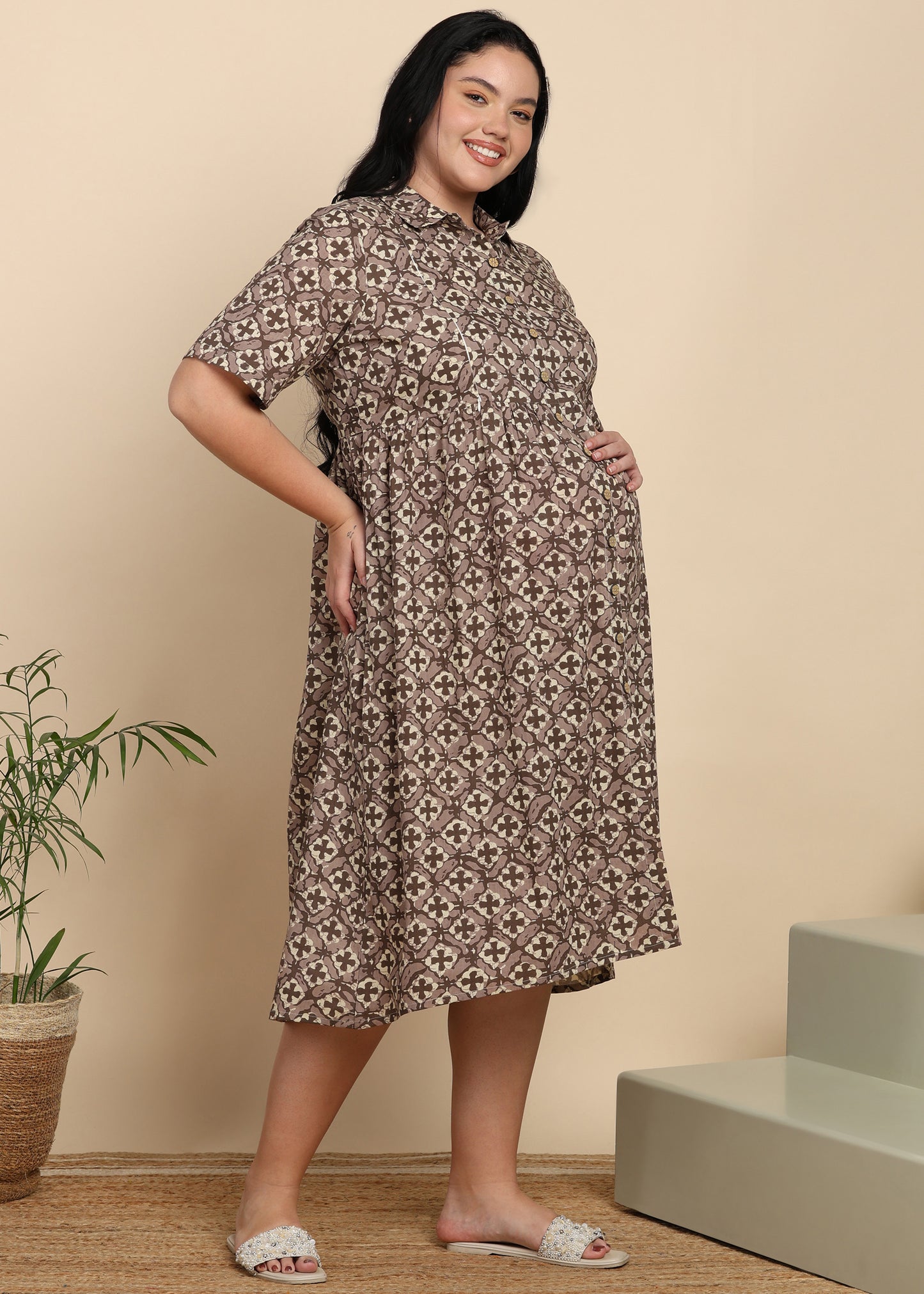 Yash Gallery Women Maternity Cotton Cambric Midi Dress