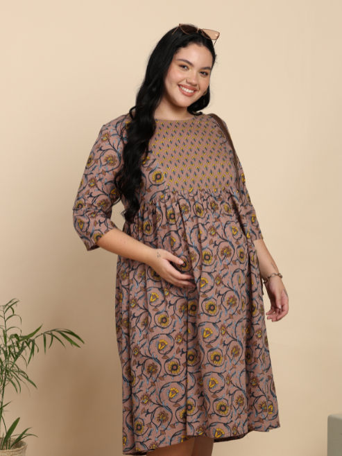 Yash Gallery Women’s Cotton Maternity Dress, Round Neck, 3/4 Sleeves  (Muave)