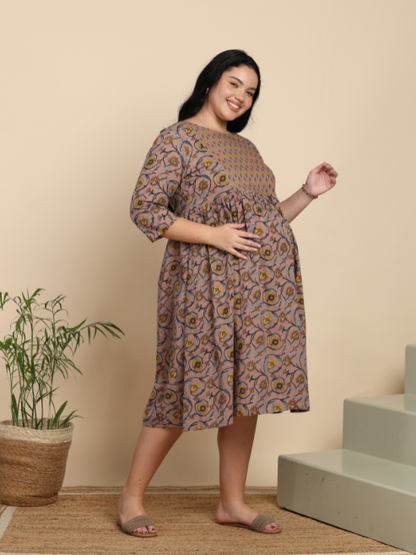 Yash Gallery Women’s Cotton Maternity Dress, Round Neck, 3/4 Sleeves  (Muave)