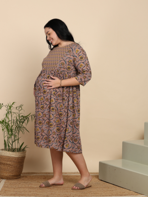 Yash Gallery Women’s Cotton Maternity Dress, Round Neck, 3/4 Sleeves  (Muave)