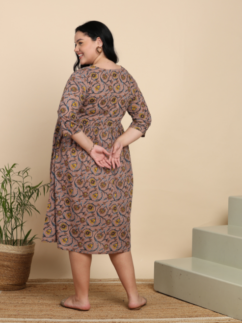 Yash Gallery Women’s Cotton Maternity Dress, Round Neck, 3/4 Sleeves  (Muave)