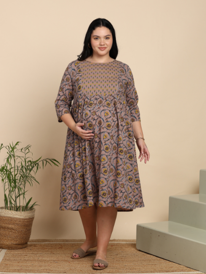 Yash Gallery Women’s Cotton Maternity Dress, Round Neck, 3/4 Sleeves  (Muave)