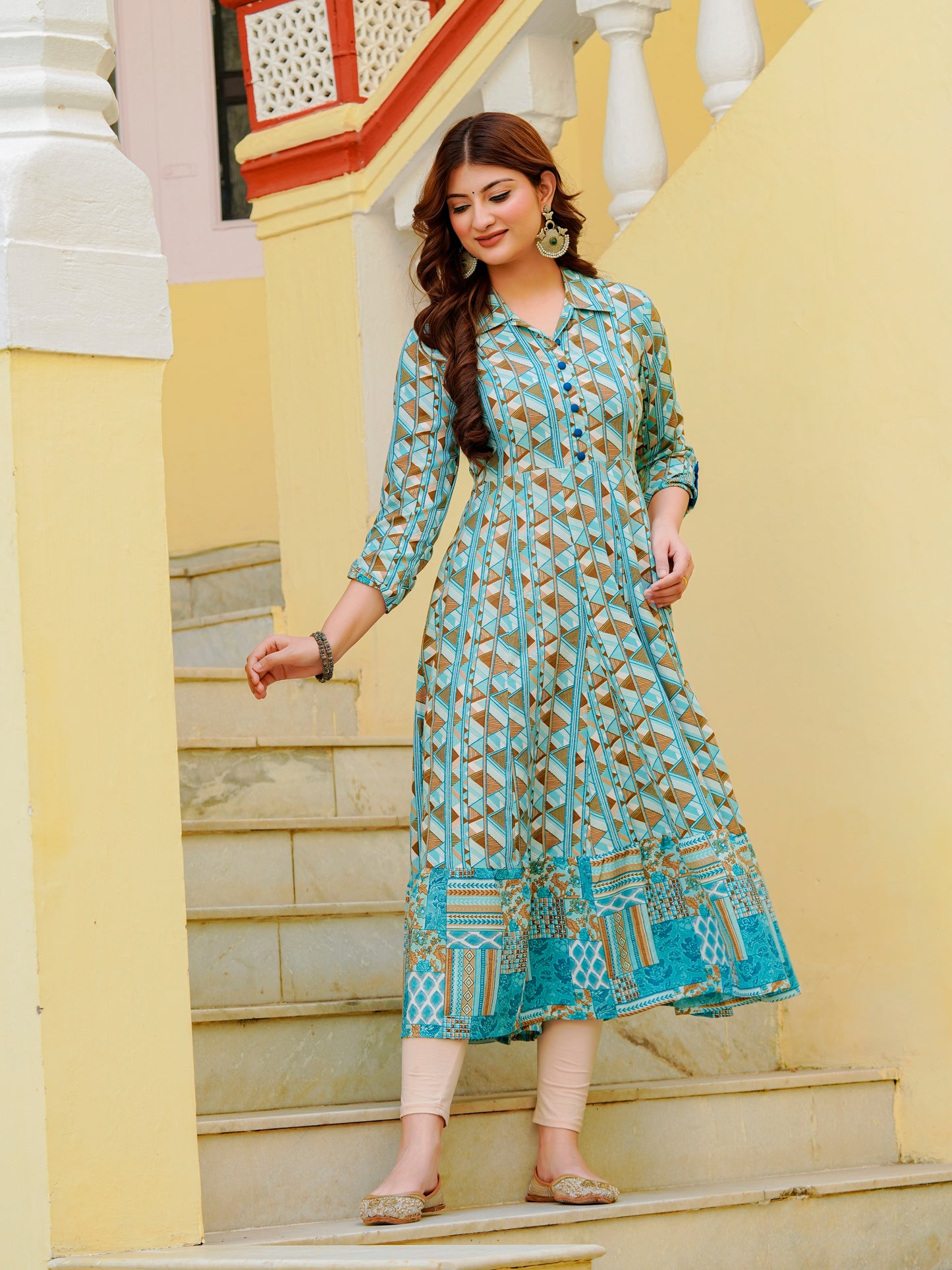 Yash Gallery Women's Printed Viscose Rayon Anarkali Kurta (Green)