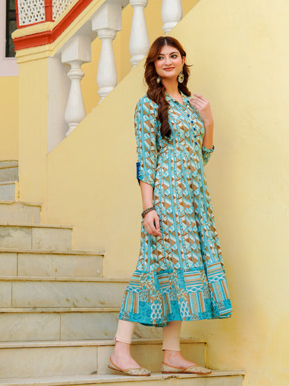 Yash Gallery Women's Printed Viscose Rayon Anarkali Kurta (Green)