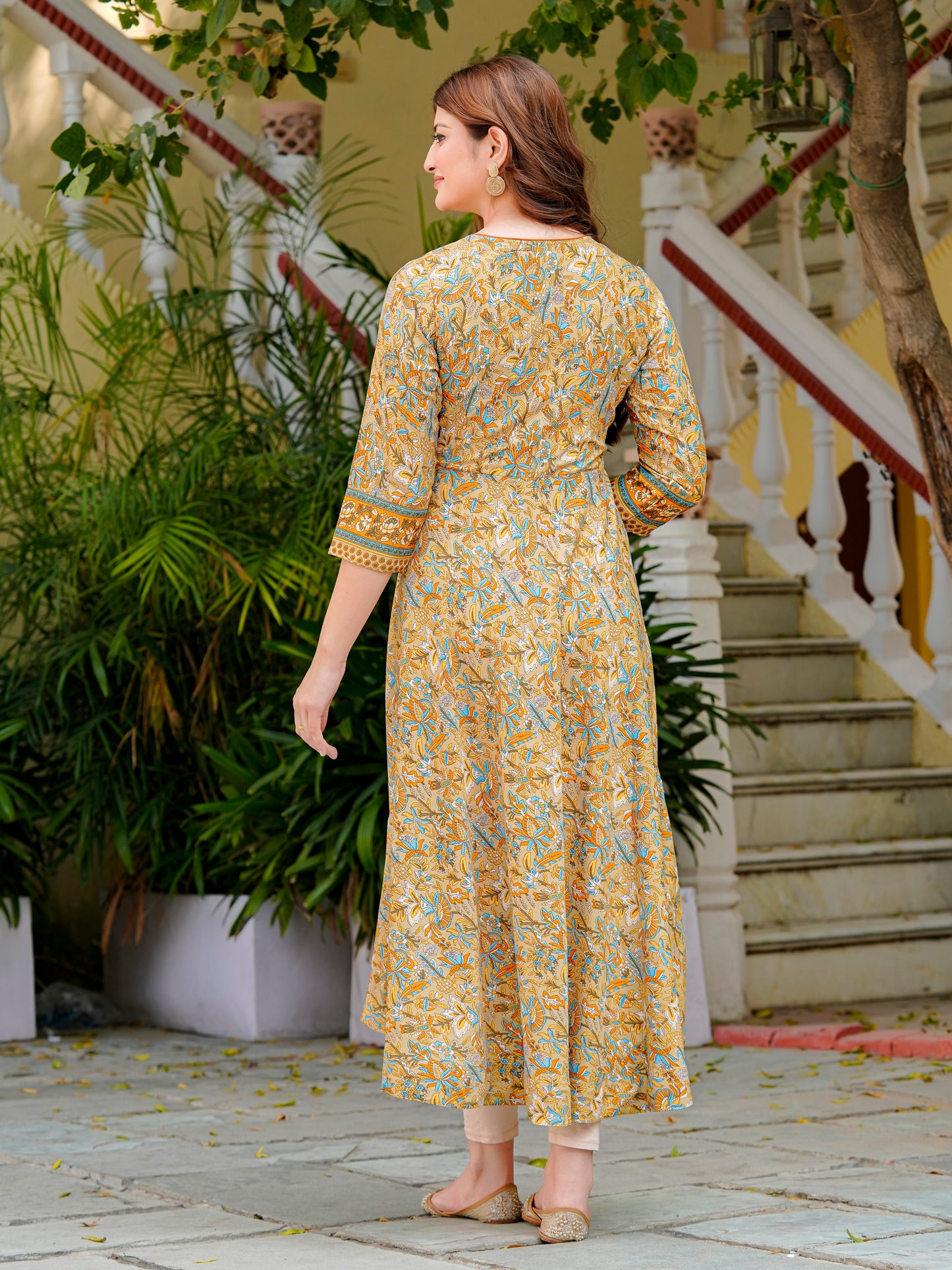 Yash Gallery Women’s Polyester 3/4 Sleeve Round Neck Floral Printed Anarkali Kurta (Beige)