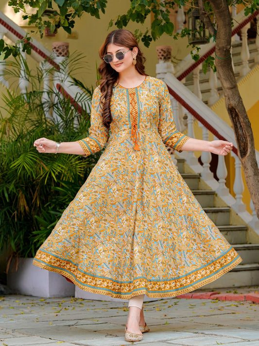 Yash Gallery Women’s Polyester 3/4 Sleeve Round Neck Floral Printed Anarkali Kurta (Beige)