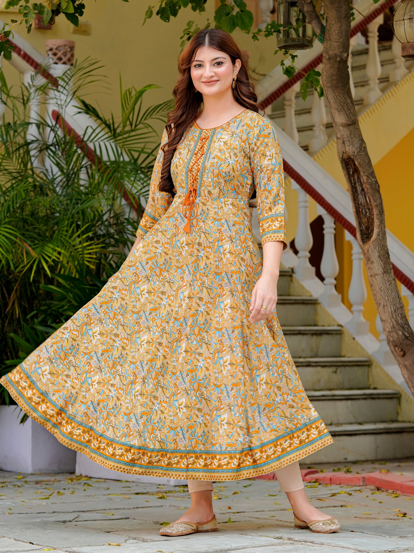 Yash Gallery Women’s Polyester 3/4 Sleeve Round Neck Floral Printed Anarkali Kurta (Beige)