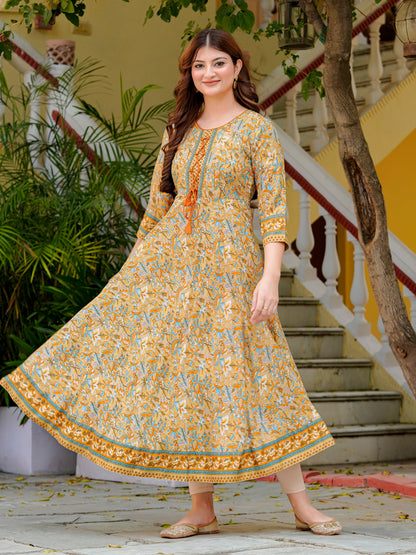 Yash Gallery Women’s Polyester 3/4 Sleeve Round Neck Floral Printed Anarkali Kurta (Beige)