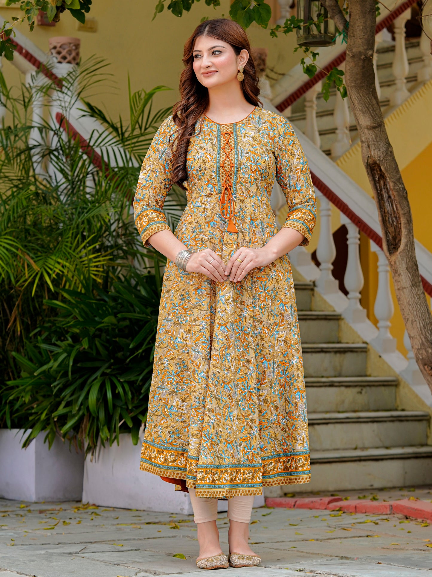 Yash Gallery Women’s Polyester 3/4 Sleeve Round Neck Floral Printed Anarkali Kurta (Beige)