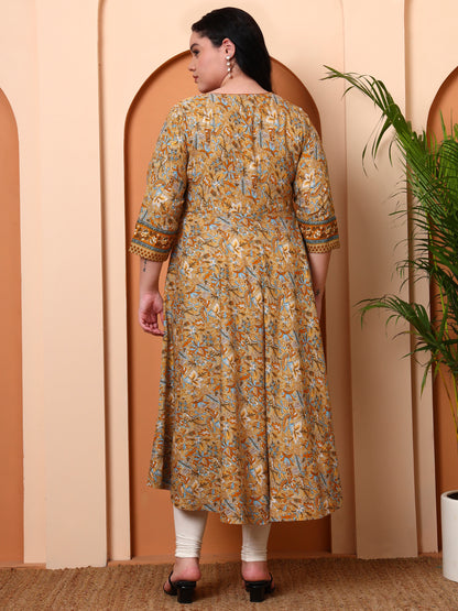 Yash Gallery Women’s Polyester 3/4 Sleeve Round Neck Floral Printed Anarkali Kurta (Beige)