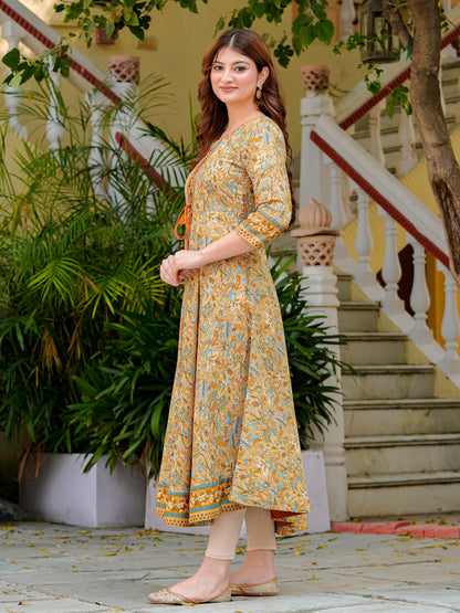 Yash Gallery Women’s Polyester 3/4 Sleeve Round Neck Floral Printed Anarkali Kurta (Beige)