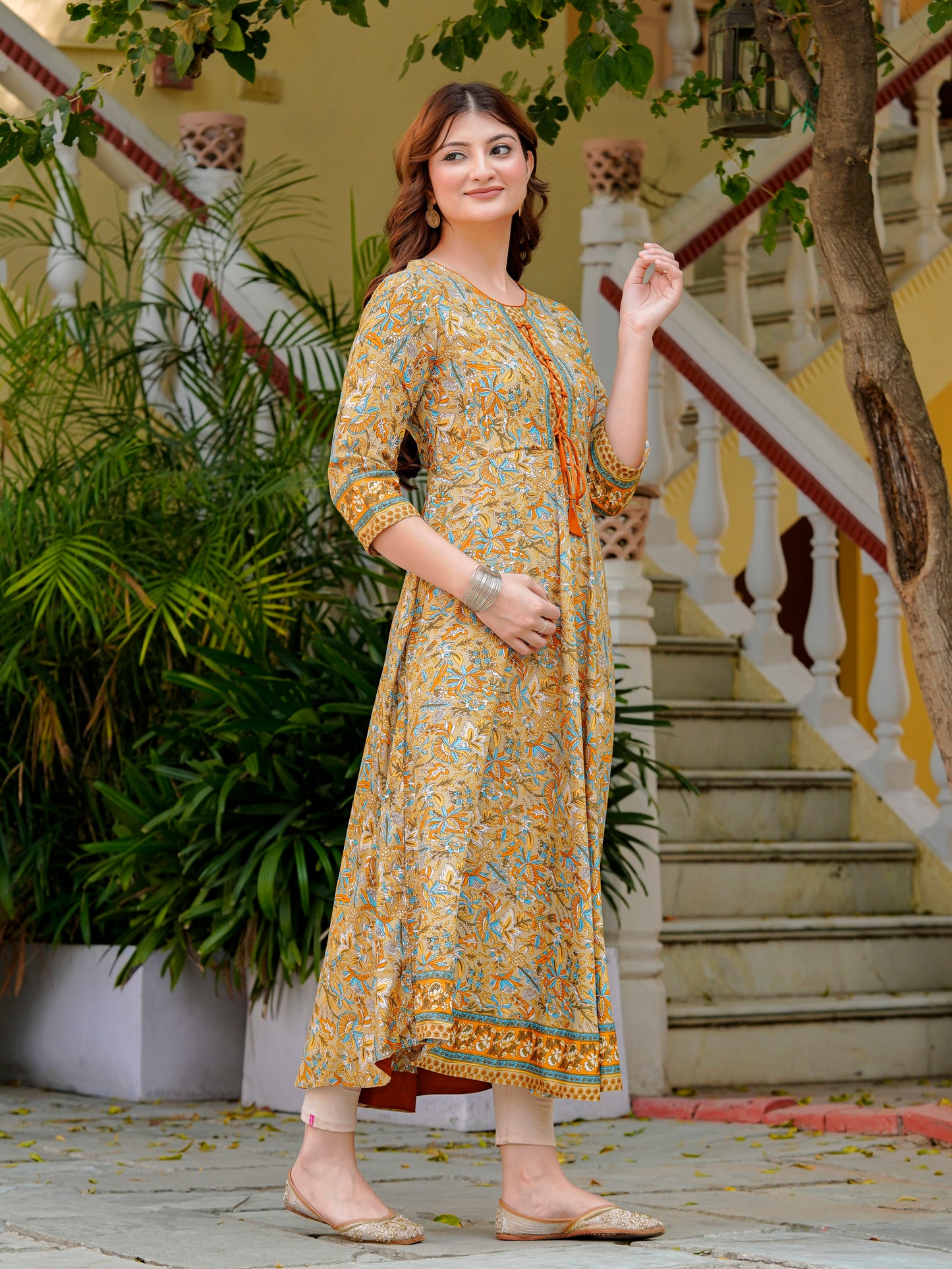 Yash Gallery Women’s Polyester 3/4 Sleeve Round Neck Floral Printed Anarkali Kurta (Beige)