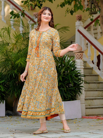 Yash Gallery Women’s Polyester 3/4 Sleeve Round Neck Floral Printed Anarkali Kurta (Beige)