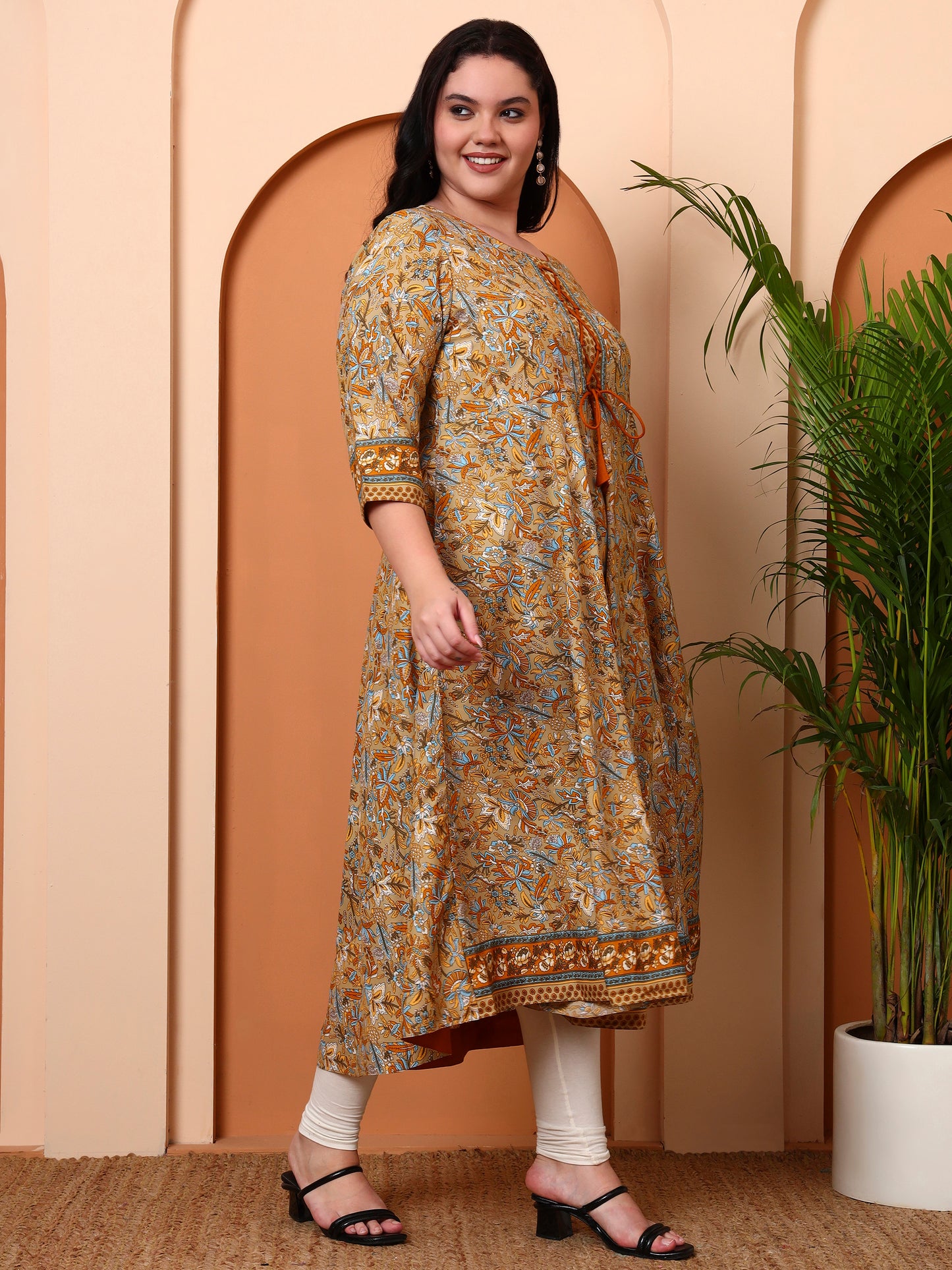 Yash Gallery Women’s Polyester 3/4 Sleeve Round Neck Floral Printed Anarkali Kurta (Beige)