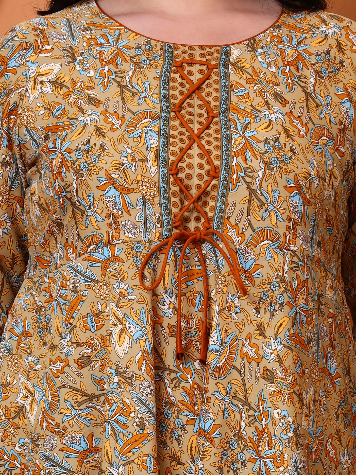 Yash Gallery Women’s Polyester 3/4 Sleeve Round Neck Floral Printed Anarkali Kurta (Beige)