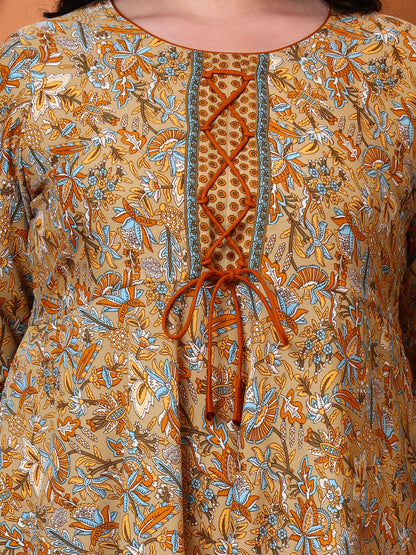 Yash Gallery Women’s Polyester 3/4 Sleeve Round Neck Floral Printed Anarkali Kurta (Beige)