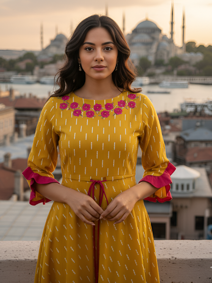 Yash Gallery Women’s Cotton Anarkali Dress Mustard Ikat Print Embroidered Neckline, 3/4 Ruffle Sleeves (YELLOW)