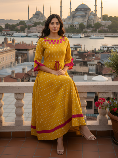 Yash Gallery Women’s Cotton Anarkali Dress Mustard Ikat Print Embroidered Neckline, 3/4 Ruffle Sleeves (YELLOW)