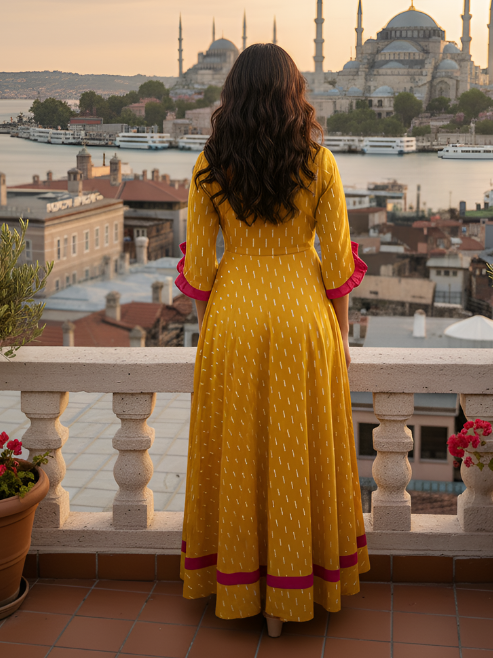 Yash Gallery Women’s Cotton Anarkali Dress Mustard Ikat Print Embroidered Neckline, 3/4 Ruffle Sleeves (YELLOW)