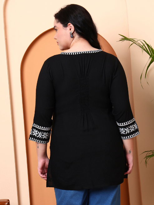 Yash Gallery Women’s Rayon Kurti with Printed Chikankari (Black)