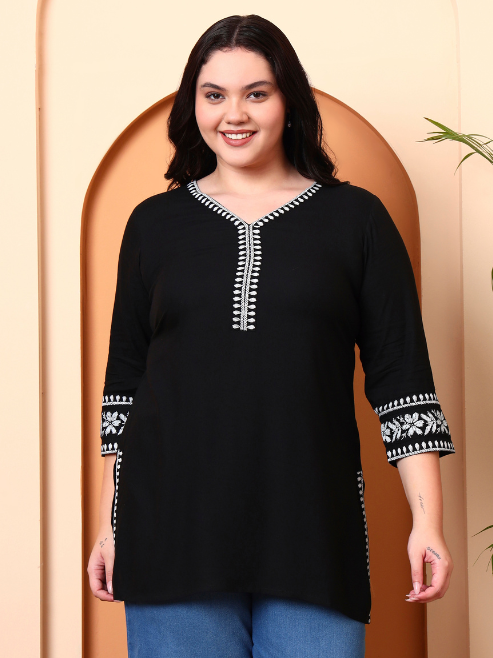 Yash Gallery Women’s Rayon Kurti with Printed Chikankari (Black)