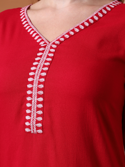 Yash Gallery Women’s Rayon Kurti with Printed Chikankari (Red)