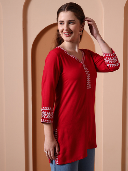 Yash Gallery Women’s Rayon Kurti with Printed Chikankari (Red)